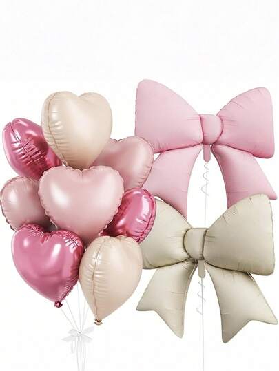 Pink White Heart Balloons, Foil Bow Balloons, 10Pcs 18 Inch Heart Shaped Balloon And 38 Inch Helium Pink Cream Bow Balloon For Girl Girl Birthday Valentines Baby Shower Bridal Wedding Party Decor