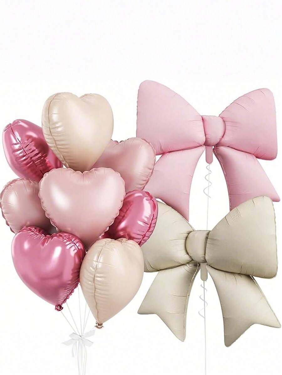Pink White Heart Balloons, Foil Bow Balloons, 10Pcs 18 Inch Heart Shaped Balloon And 38 Inch Helium Pink Cream Bow Balloon For Girl Girl Birthday Valentines Baby Shower Bridal Wedding Party Decor