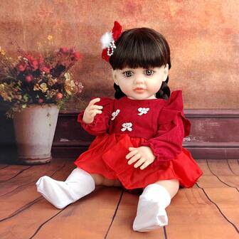 55cm Long Hair Cute Simulation Companion Toy 22 Inch Red Dress Reborn Doll Fully Vinyl Toys Playing House With Teen Dolls Is Suitable For Christmas, Thanksgiving, New Year's Day
