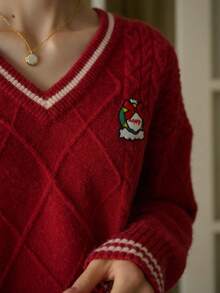 Simple Retro كنزة صوفية نسائية كاجوال بياقة على شكل حرف V، بتصميم ملون مخطط، بأناقة وطراز رجعي، بأكمام طويلة وفضفاضة