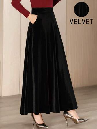 女士优雅丝绒A字裙，秋冬款