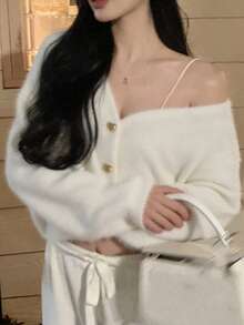 Soft Plush Heart Button V-Neck Knit Cardigan Short Faux Mink Fur Slimming Long Sleeve Sweater Jacket - White - View 7