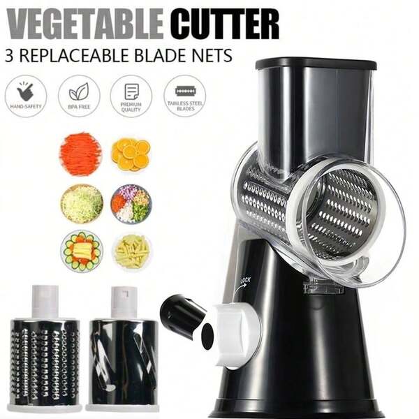 Coupe-légumes manuel de table, trancheuse ronde Mandoline, râpe à oignon, pomme de terre, carotte avec 3 lames de hachoir. Accessoires de cuisine. Coupe-légumes manuel rotatif en acier inoxydable réglable en 3 types différents - Trancheuse à légumes/Coupe-légumes - Trancheuse à pommes de terre - Râpe à fromage - Trancheuse à aliments