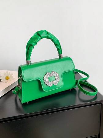 Fashionable Minimalist Rhinestone Metal Decor Suede Flap Mini Square Bag, Elegant Handbag Suitable For Women Shopping, Party, Evening Event And Daily Use