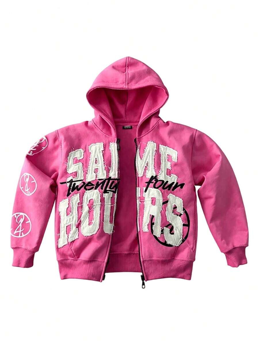 Y2K Letter Zip-Up Hoodie, Oversized Print Jacket, Gothic Retro Hoodie, Streetwear - 粉色 - 查看 1