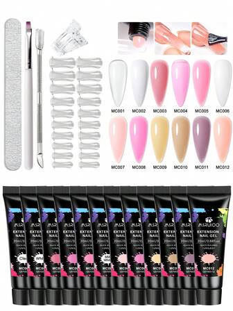 MSRUIOO 18Pcs Nail Extension Gel Kit With Brush,Nail File,Cuticle Pusher,2Pcs Nail Tips Clip,And 20Pcs Curved Dual Forms - Ideal Gift For Women, Easy To Operate And Easy To Use, Beautiful Color Lasting