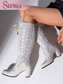 SDEMIN Women's White Floral Lace Knee-High Boots - Vintage Elegant Block Heel Style With Rear Zipper For Easy On/Off & Front Lace-Up For Calf Adjustment, Faux Leather & Delicate Lace Design For Spring/Summer Weddings, Parties & Dates - White - View 3