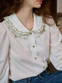 Simple Retro Women's Embroidered Clashing Colour Bubble Sleeve Casual Shirt - White - View 2