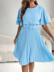 ChicMe 女士珍珠点缀喇叭袖褶皱腰身连衣裙，配腰带，经典时尚，适合办公室、户外和度假穿着。 - 藍色 - 查看 5