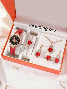6pcs/Set Luxury Rhinestone Decorated Quartz Watch, Heart Gemstone Necklace Jewelry Set (With Gift Box) - Red - View 10
