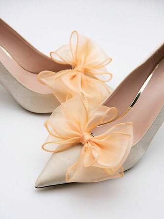 1 对橙色雪纺蝴蝶结鞋夹，可拆卸装饰配件，多功能鞋饰，适用于秋季鞋履、高跟鞋、平底鞋及各种时尚女鞋