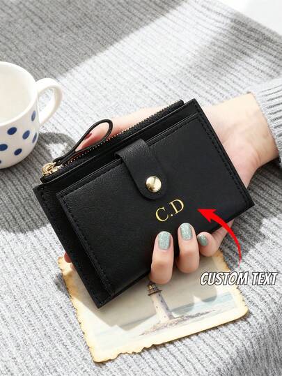 1pc Customized PU Leather Foil Short Wallet, Unisex, With Minimalist Snap Button And Zipper Closure, Holds Cash, Coins, Cards. Customizable With Personalized Name/Letter Foil Print, Great Gift For Valentine's Day, Birthday, Holidays, Christmas