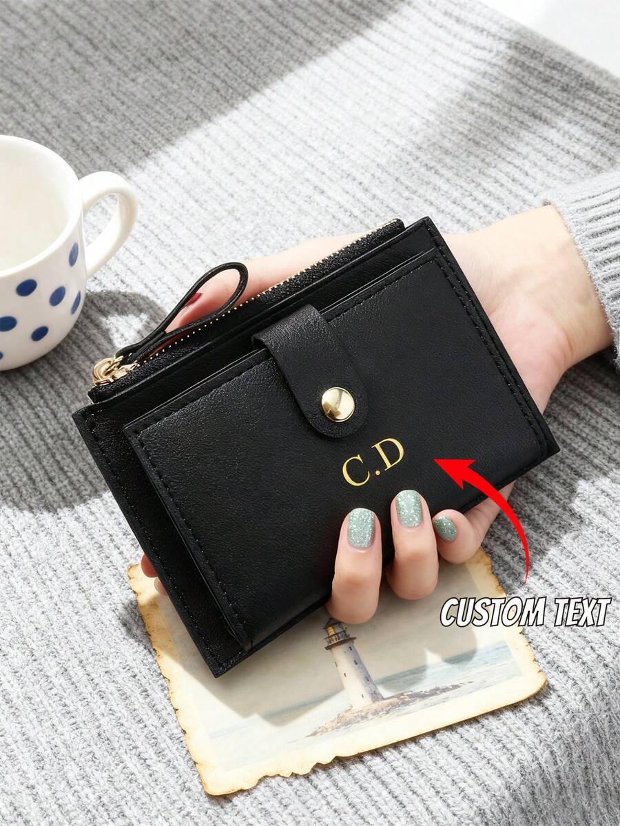 1pc Customized PU Leather Foil Short Wallet, Unisex, With Minimalist Snap Button And Zipper Closure, Holds Cash, Coins, Cards. Customizable With Personalized Name/Letter Foil Print, Great Gift For Valentine's Day, Birthday, Holidays, Christmas - Multicolor - View 1