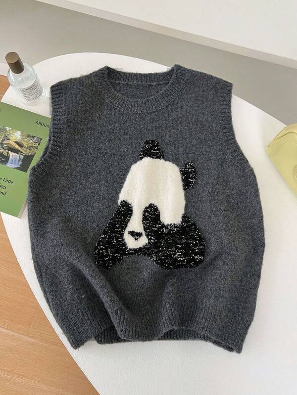 1pc Women's Sleeveless Gilet, Cartoon Panda Colorblock Sequin Cute Sweater Design, High-End Pull Sans Manches, Unique Sequin Decoration, Layerable Gilet Long Vest Sweater Gilet Sans Manches