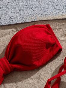 女士性感露背纯色罗纹面料比基尼两件式泳衣，适合海滩度假、春夏穿着 - 紅色 - 查看 3