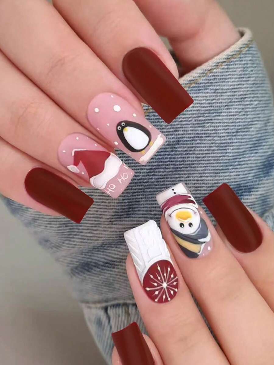 24 piezas de uñas postizas acrílicas francesas de estilo ataúd largas con acabado mate con diseños de Papá Noel, copos de nieve, renos y árboles de Navidad, incluye 1 pieza de pegamento de gelatina y 1 lima de uñas. Uñas navideñas que harán que tus dedos brillen y luzcan hermosos, muy adecuadas para fiestas, baile y uso diario.