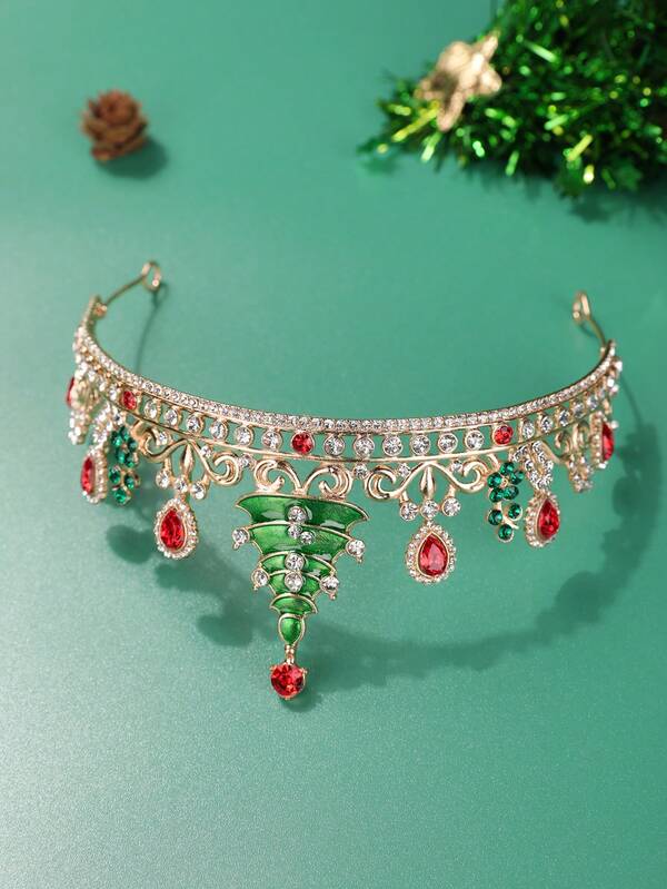 1pc Cute Christmas Santa Hat Crown Headband Decor, Rhinestone Christmas Night Party Costume Headpiece For Women