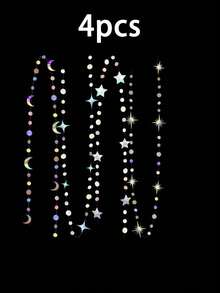 4pcs Silver Crescent Moon & Star Dot Decor Set: This Product Includes Hanging Crescent Moon Decor And Shiny Star Ribbons, Suitable For Use As Decorative Flags, For Birthday Decor, Flags, Home Decor, Living Room Decor, Outdoor Decor, Stage Decor, Party Decor, Carnival Decor, And Star Pendant. Also Suitable For Holiday Decor, Ramadan Mubarak, Valentine's Day Decor, And Wedding Decor. - Silver - View 6