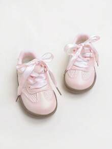 1 Pair Children's Solid Color Lace Wave Flat Bottom Sneakers, Comfortable & Durable, Suitable For School, Commuting, Outdoor Play, All Seasons - Pink - View 2