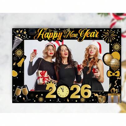 2026 New Year's Eve Party Photo Prop, Handheld Picture Frame For Holiday Gatherings Decorations, Funny Selfie Booth Frame With Fireworks & Balloons, Celebration Backdrop For Photography