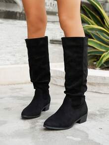 Women's Autumn/Winter New Faux Suede Thigh High Boots, Vintage Black Pointed Toe Chunky Heel Pleated Design Slouchy Boots, Retro Minimalist Chic Versatile Fashion Boots, British Style Casual Slim Fit Knee High Boots - Black - View 6