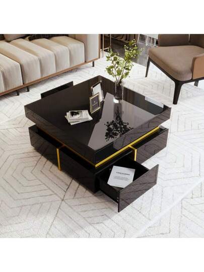 Couchtisch, Hochglanz Wohnzimmertisch, Beistelltisch Mit Schubladen Und Goldenen Akzenten