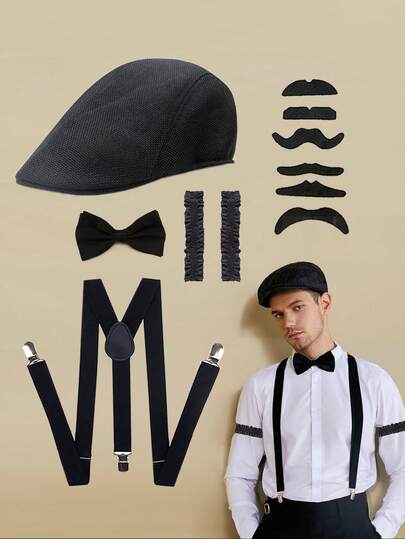 D EXCEED 5 Pcs 1920s Men's Costume Retro Outfit Accessory Kit Newsboy Hat Vintage Roaring 20s Gangster Accessories For Gatsby Cosplay Xmas Party