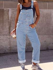 女士休闲牛仔背带裤 - 可调节肩带、前胸口袋、宽松连体裤、柔软舒适面料 - 淺色水洗藍 - 查看 8