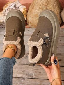 1 par de botas de nieve de estilo coreano de moda para mujer, diseño con hebilla, cortas y de felpa, botas de nieve para exteriores, resistentes al frío, antideslizantes, resistentes al desgaste, invierno - Camello - Ver 3