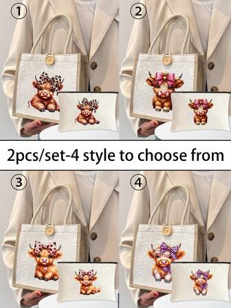 可爱迷人的高地牛主题亚麻手提包套装，女士多功能手提包，高地牛图案手提包和配套化妆包/零钱包，便携轻巧可折叠收纳包，小钱包，适合女性，可用于工作、约会、上学、购物、海滩、旅行、日常必备，圣诞礼物、秋冬礼物、生日礼物