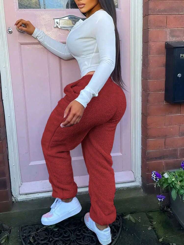 Casual Solid Color Fleece Jogger Pants, Winter - Red - View 2