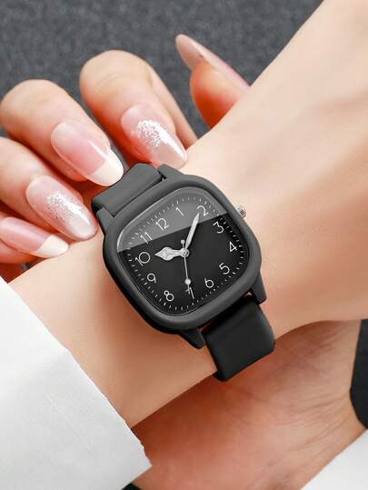 Silicone Watches, Square Dial Quartz Wrist Classic Combination Set (Watch Box Not Included) view 2