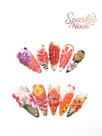 Cada set consta de 10 piezas de placas de uñas acrílicas hechas a mano para tacones altos Y2K, diseñadas al estilo francés con rhinestones, rayas, lunares y decoraciones de pétalos, disponibles en múltiples tonos y colores nude. 3 tamaños para ajustar, adecuado para fiestas, bailes y uso diario, viene con un kit de uñas, lo que lo convierte en un regalo ideal de uñas postizas para damas y niñas.