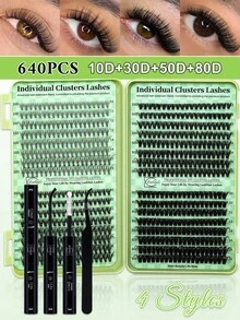 640PCS D Curl Mixed 10-16mm 10D30D50D80D Lashes Book Kit With Bond&Seal Lash Applicator, 4 Styles In One Tray, Perfect For Beginners & Proficient Easy Apply For Makeup Daily - Black - View 1