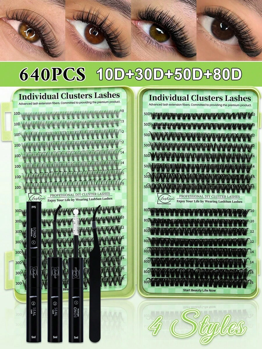 640PCS D Curl Mixed 10-16mm 10D30D50D80D Lashes Book Kit With Bond&Seal Lash Applicator, 4 Styles In One Tray, Perfect For Beginners & Proficient Easy Apply For Makeup Daily - Black - View 1