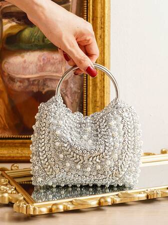 Bolso de cubo con adornos de cristales brillantes y perlas, accesorio glamoroso para vestidos de fiesta/formales, embrague de moda
