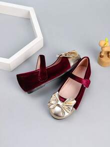 Girls' Colorblock Velvet Bow Flat Outdoor Shoes, Autumn/Winter - Burgundy - View 2