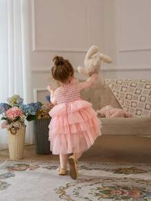 Baby Girls' Pink Mesh Patchwork Dress, Elegant Christmas Party Princess Dress, Suitable For 1st Birthday Party, Wedding, Thanksgiving - Pink - View 2