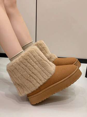 2025 Winter New Thick Plush Boots For Teenage Girls, Ladies Snow Boots In Brown, Beige Slip-On Short Boots, Black Thick Bottom House Boots,Fur Boots