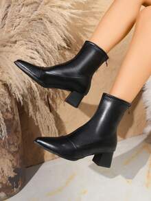 Elegant Matte Black Faux Leather Women's Ankle Boots, Pointed Toe Chunky Heel Zip-Up Slim Fit Fashion Boots, 2025 Autumn/Winter New Classic Women's Business Boots, Suitable For Street, Business, Party, Wedding, Nightclub, Masquerade Ball