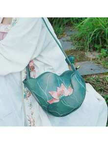 1Pc Lotus Pattern CrossBody Fashion Bag  –Chinese Style Women's Shoulder Bag, Exquisite Green & Pink Lotus Dragonfly Pattern, Lightweight Zipper Closure Bag For Travel, Vacation & Birthday Gifting - 1個 - 查看 6
