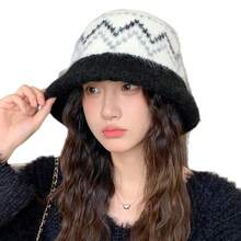 Sombrero de cubo grueso de otoño e invierno, sombrero de cubo para exteriores, sombrero de lana estilo universitario, gorro de punto cálido y que cubre el rostro, sombrero de cubo - Multicolor - Ver 4
