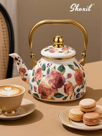 shoxil 1 pieza Cafetera esmaltada, Tetera de vertido con patrón floral, Cafetera de gran capacidad de 1,2L, Cafetera con asa, Cafetera de boca estrecha, Olla para hervir, Apta para cocina eléctrica y de gas para preparar café o té