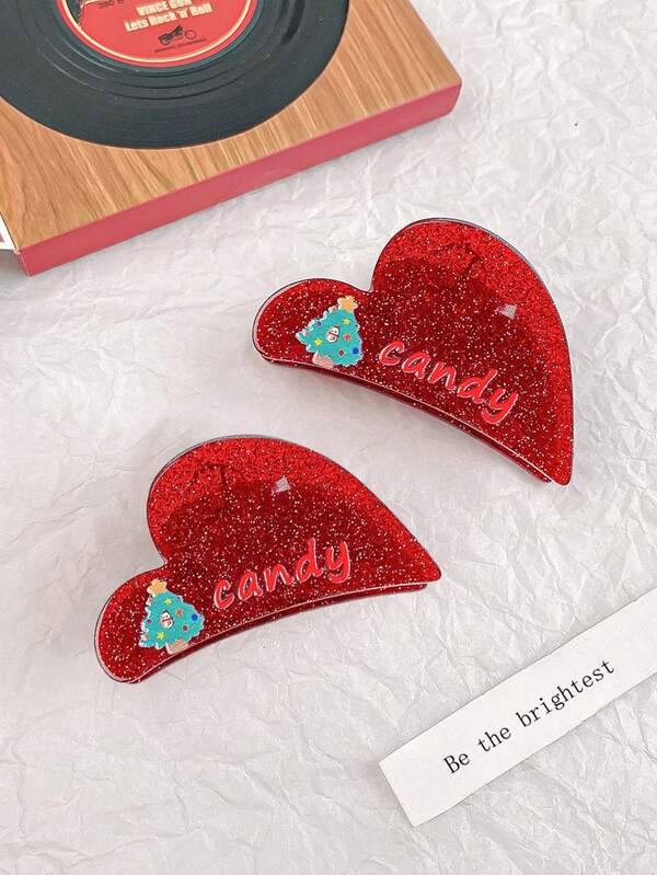 New Christmas Glitter Heart Stylish Hair Clip, Sweet Half-Ponytail Shark Claw Hair Accessory. Perfect As A Versatile Hair Accessory For Daily Wear Or Christmas Parties. Luxurious Christmas-Themed Fur Claw, Also A Loving Gift For Friends Or Family.