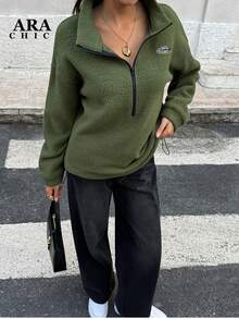 ARA CHIC Women's Lime Green Half-Zip Fleece Stand-Collar Sweatshirt - High-Street Style, Loose Fit, Warm & Comfortable Top For Outdoor & Office Wear, New Style For Autumn & Winter