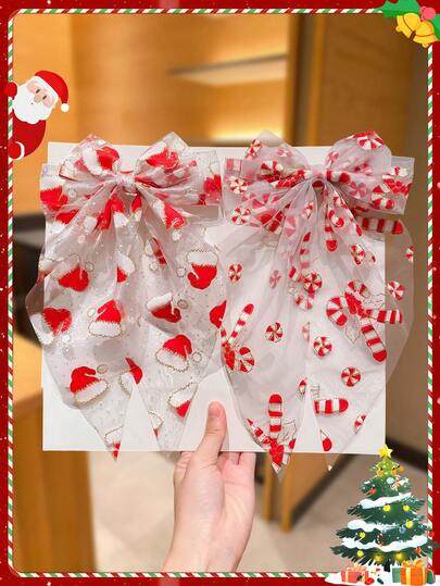 1pc Cute Christmas Hair Clip For Women, Candy & Christmas Element Design, Oversized Bowknot Hair Clip, Suitable For New Year And Christmas Outfit Accessories