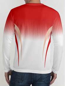 男士休闲运动3D印花长袖上衣 - 黑白设计，透气涤纶面料，圆领 - 可机洗 - 紅色 - 查看 2