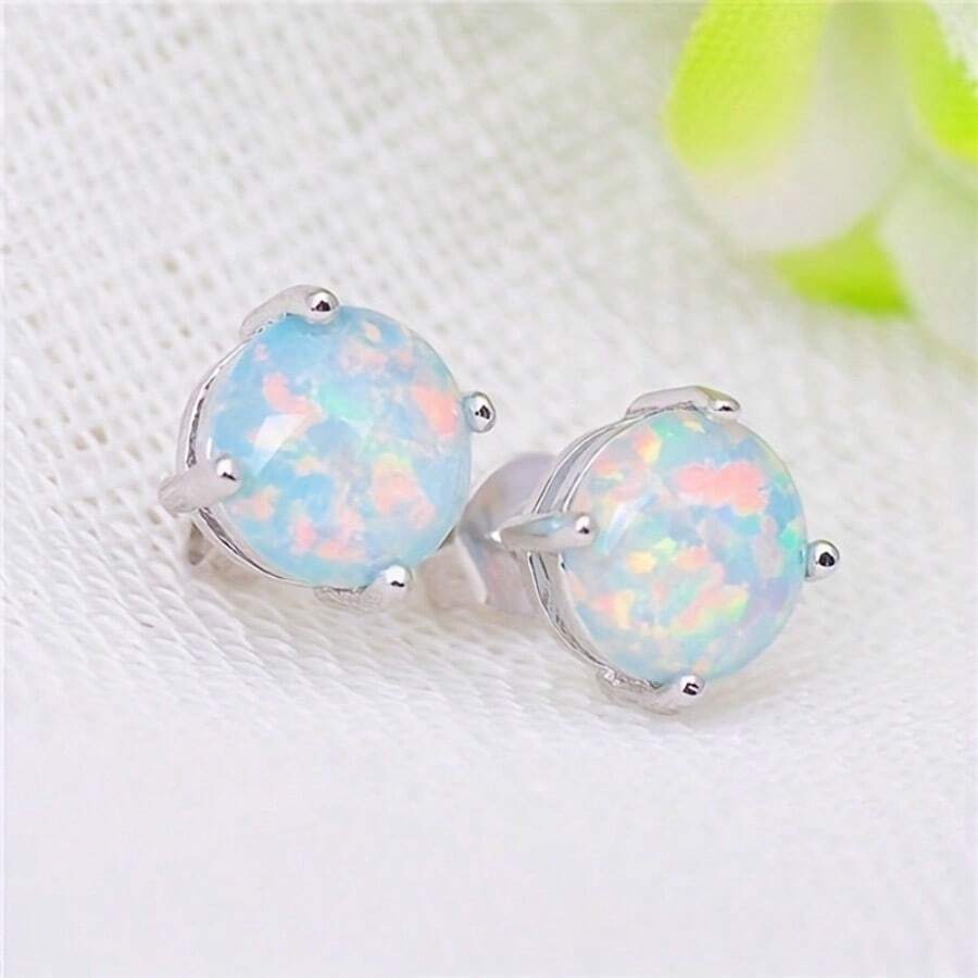 1 Pair Of Retro Minimalist Earrings Set With Colorful Round Opal, Elegant And Luxurious Fashion Style, Women's Fashion Gift - 2 cái - Xem 1