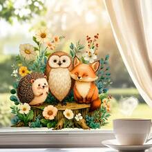 1pc Self-Adhesive PVC Window Sticker - Cartoon Forest Animals (Fox, Hedgehog, Owl) , Forest Cartoon Style, Easy & Repositionable Film For Glass, Doors, Walls, Mirrors - Room - Multicolor - View 1