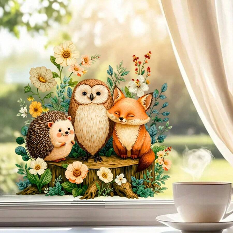 1pc Self-Adhesive PVC Window Sticker - Cartoon Forest Animals (Fox, Hedgehog, Owl) , Forest Cartoon Style, Easy & Repositionable Film For Glass, Doors, Walls, Mirrors - Room - Multicolor - View 1